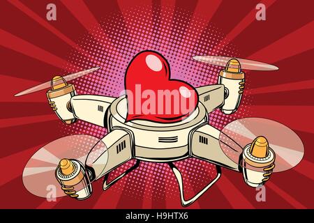 Quadcopter drone red heart Valentine holiday Stock Vector