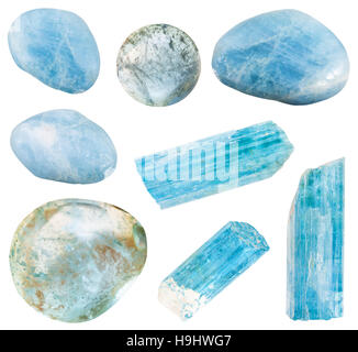 set of various aquamarine (blue beryl) mineral crystals and polished gem stones isolated on white background Stock Photo