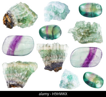 set of various fluorite crystals, rocks and gemstones isolated on white background Stock Photo