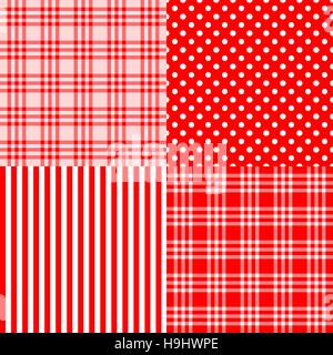 Vector set of 4 red patterns (striped, plaid, spotted) . Good for Baby Shower, Birthday, Mother's Day, Father's Day, Christmas, New year Scrapbook, Gr Stock Vector