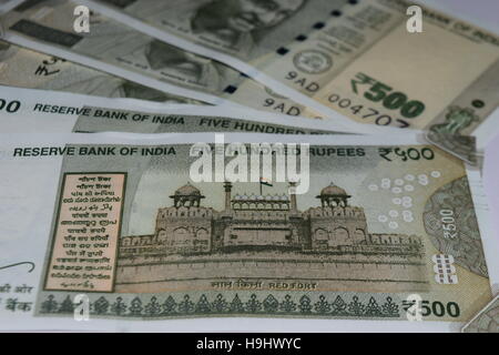 500 Five hundred Rupees India currency notes closeup view of red fort display and languages of India Stock Photo