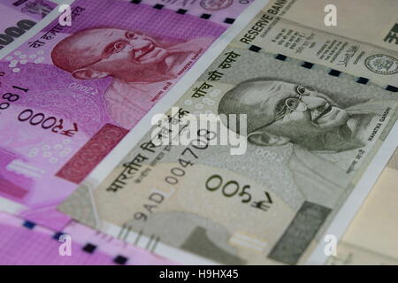 Mahatma Gandhi portrait view in Latest 500 and 2000 Rupees Currencies note in India after the ban of old bank currency notes Stock Photo