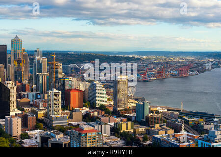 Seattle’s rapidly growing downtown and waterfront area seen from up high Stock Photo