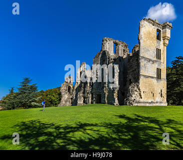 Person looking at ruin of Old Wardour Castle, Wiltshire, England, UK Stock Photo