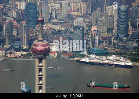 China, Shanghai, aerial view, Oriental Pearl Tower, Huangpu River, Stock Photo