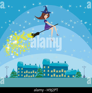 Witch flying over the city Stock Photo