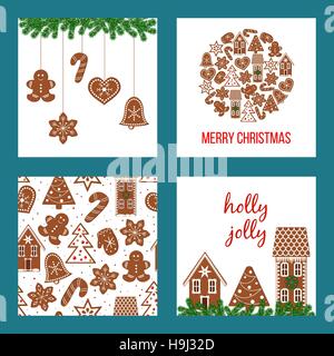 Cute Christmas set. Xmas theme in boarded squares with gingerbread man, house, star, and figures. Light blue base. Can be used as icons, wallpaper, wr Stock Vector