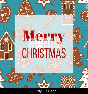Gingerbread Christmas greetings. Cookies on blue background. Set of funny decorated gingerbread figures. Xmas tree, cane, heart, star, bell, detailed  Stock Vector