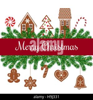 Merry christmas greetings. xmas tree garlands with gingerbread figures, red ribbon, ornament balls, fairy lights, bows. Vector illustration. For postc Stock Vector