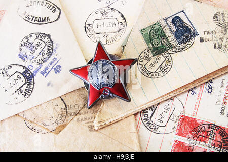 Military order ' Red Star' on the letters with the stamp 'Censorship looked' from World War Two , USSR 1941-1945 Stock Photo