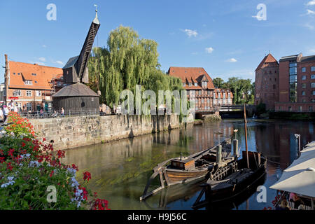 Old Crane, Luener Muehle, Old Harbour, River Ilmenau, Lueneburg, Lower Saxony, Germany Stock Photo