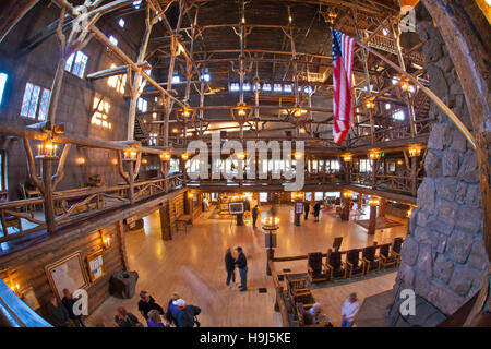 lobby and balconies in Old Faithful Inn in Yellowstone National Park, Wyoming US Stock Photo