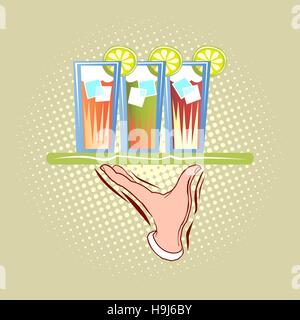 Waiter hand with three glasses on tray. Foods service pop art retro illustration. Stock Vector