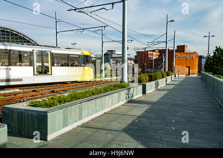 Tram flower beds and landscaping at the Deansgate-Castlefield tram stop, Manchester, England, UK. Stock Photo