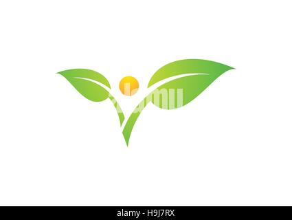 plant people natural health logo, sun leaf nature ecology concept icon, wellness symbol vector design Stock Vector