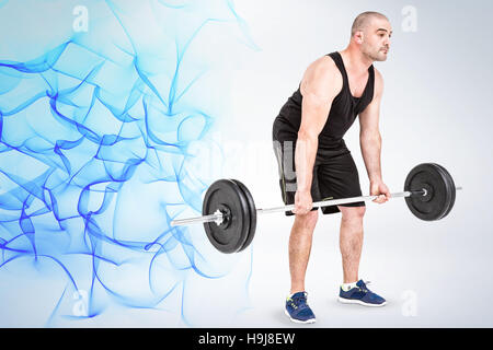 Composite image of bodybuilder lifting heavy barbell weights Stock Photo