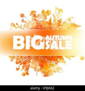 Autumn big sale - watercolor banner with orange folliage Stock Vector