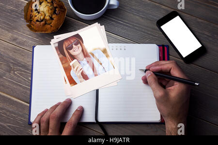 Composite image of smiling hipster woman drinking coffee Stock Photo