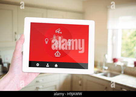 Composite image of feminine hand holding tablet Stock Photo