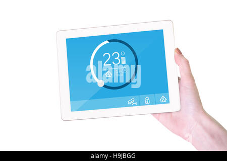 Composite image of feminine hand holding tablet Stock Photo