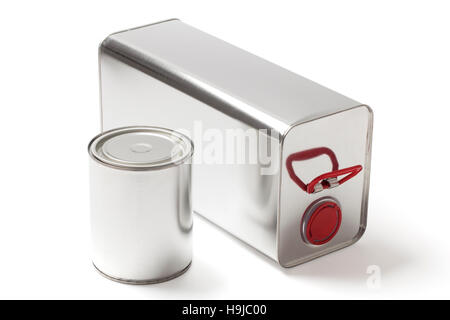 Two different tin cans for paint and chemical products on white with clipping path. Stock Photo