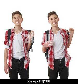 Set of cute teenager boy in red checkered shirt putting school bag on over white isolated background, half body, as school, education concept Stock Photo