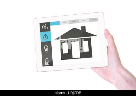 Composite image of feminine hand holding tablet Stock Photo