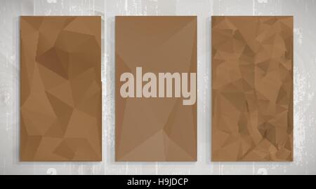 Set of tree brown wrinkled paper on light wooden background, triangular illustration Stock Vector