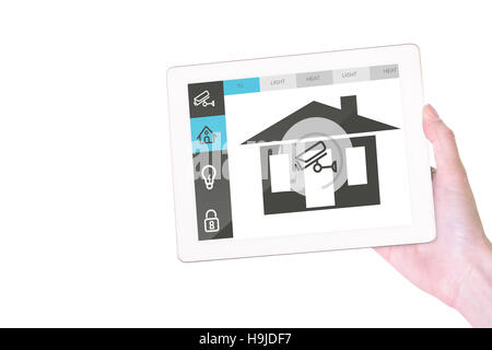 Composite image of feminine hand holding tablet Stock Photo