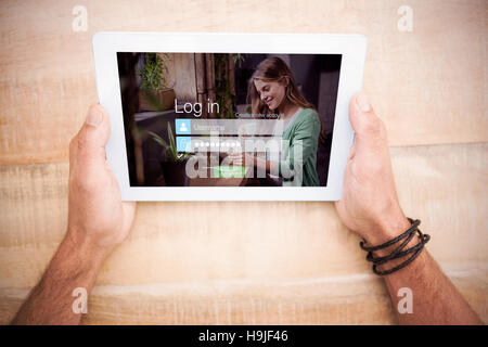 Composite image of login screen with smiling woman with pad and coffee Stock Photo
