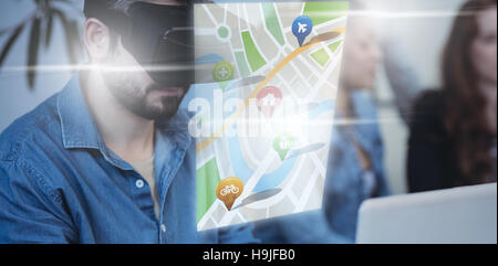 Composite image of navigation pointers with various representations on map Stock Photo