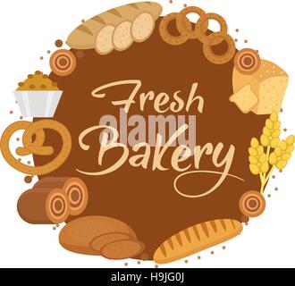 Bakery products frame, flat style. Set of different bread in a round ...