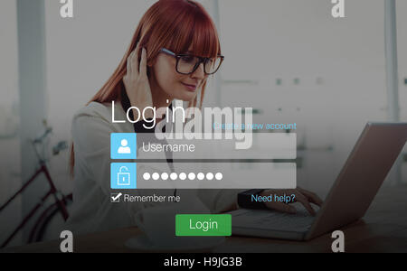 Login screen with redheaded woman and laptop Stock Photo