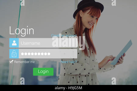 Login screen with redheaded woman and pad Stock Photo
