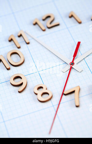 Bisiness concept. Closeup of clock face on background with blank graph paper Stock Photo