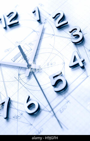 Bisiness concept. Closeup of clock face on background with draft Stock Photo