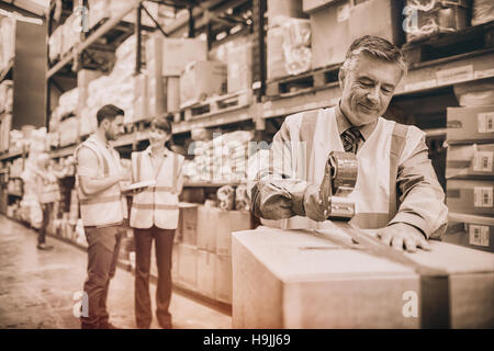 Warehouse worker sealing cardboard boxes for shipping Stock Photo