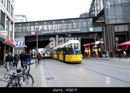 Tram passing under railway bridge at Bahnhof Friedrichstrasse railway station Berlin November 2016 Germany, Europe  KATHY DEWITT Stock Photo