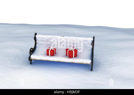 Digitally generated image of gift boxes on snow covered chair Stock Photo