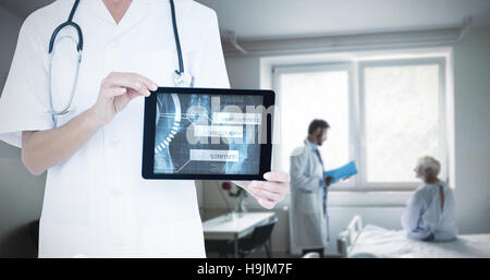 Composite image of midsection of female doctor showing digital tablet Stock Photo