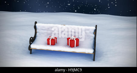 Composite image of digitally generated image of gift boxes on snow covered chair Stock Photo