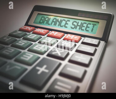 Solar calculator with the word BALANCE SHEET on the display. 3D illustration, concept image of Business and Finance. Stock Photo
