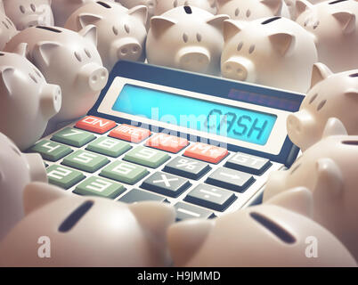 Calculator amid several piggy banks showing on the display the word 'CASH'. 3D illustration, business and finance concept. Stock Photo