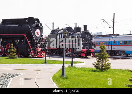 Photo of Russian rail road locomotive in Samara Stock Photo