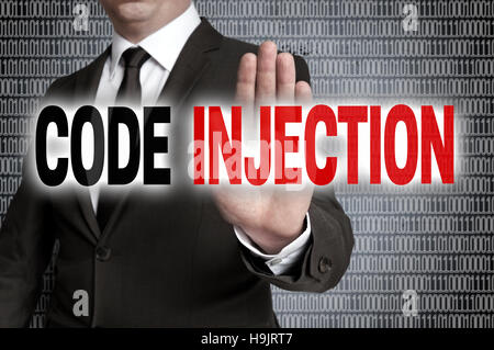 Code injection with matrix is shown by businessman. Stock Photo