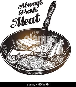 Meat, steak in frying pan. Hand drawn sketch vector illustration Stock Vector