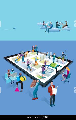 A team of people work creatively together creating content on a tablet. Other people download this content on their mobile devices. Stock Vector