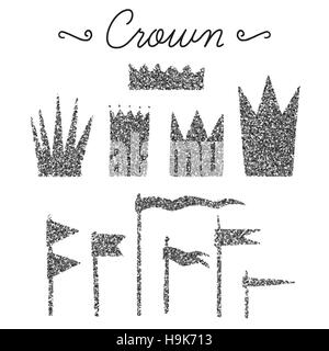 Set of vector flags and crowns isolated on white background. Vector hand drawn elements with glitter for your design. Stock Vector