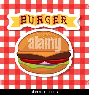 hamburger with vegetables over picnic tablecloth background. fast food concept. colorful design. vector illustration Stock Vector