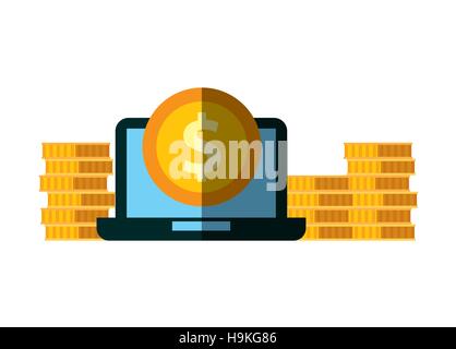 laptop computer with gold coins over white background. invest money and business concept. colorful design. vector illustration Stock Vector